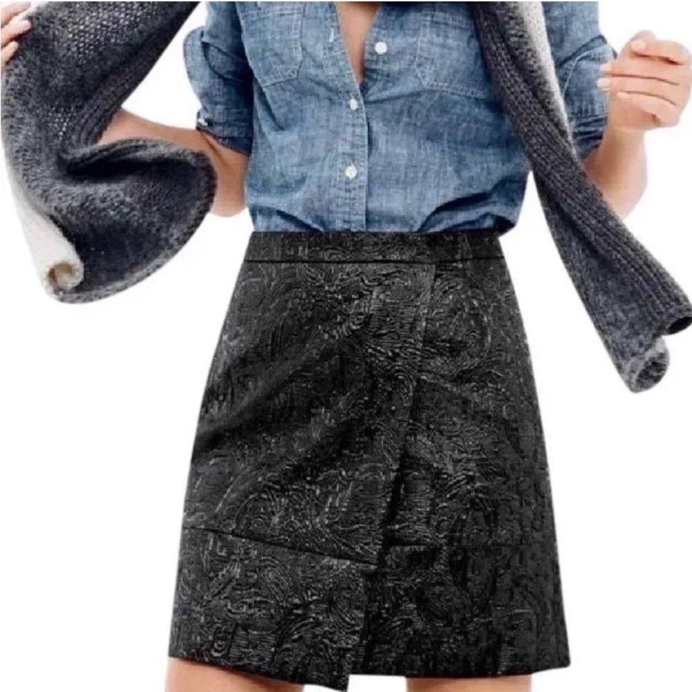 J. Crew Origami Skirt in Metallic Matelasse Women Mini Wrap Front Black Lined 0
